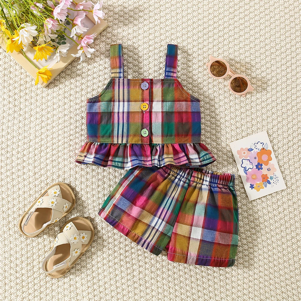 Summer Baby Girls TwoPiece Set Plaid Pattern Sweet Pastoral Ruffled Lace Buttons Shorts 250725