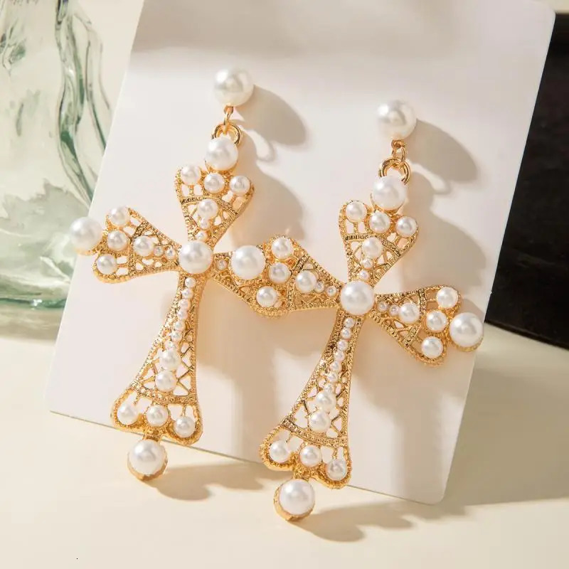 Vintage Pearl Cross Drop Earrings for Women Punk Gold Color Hollow Big Fashion Party Jewelry Girl Gift 250715