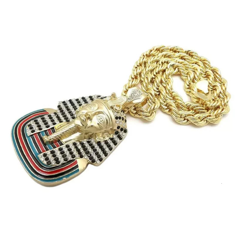 Egyptian Iced Out Bling Pharaoh Pendant Necklace Inlay White Zircon Gold Color Stainless Steel Necklace For Men Egyptian Jewelry 250724