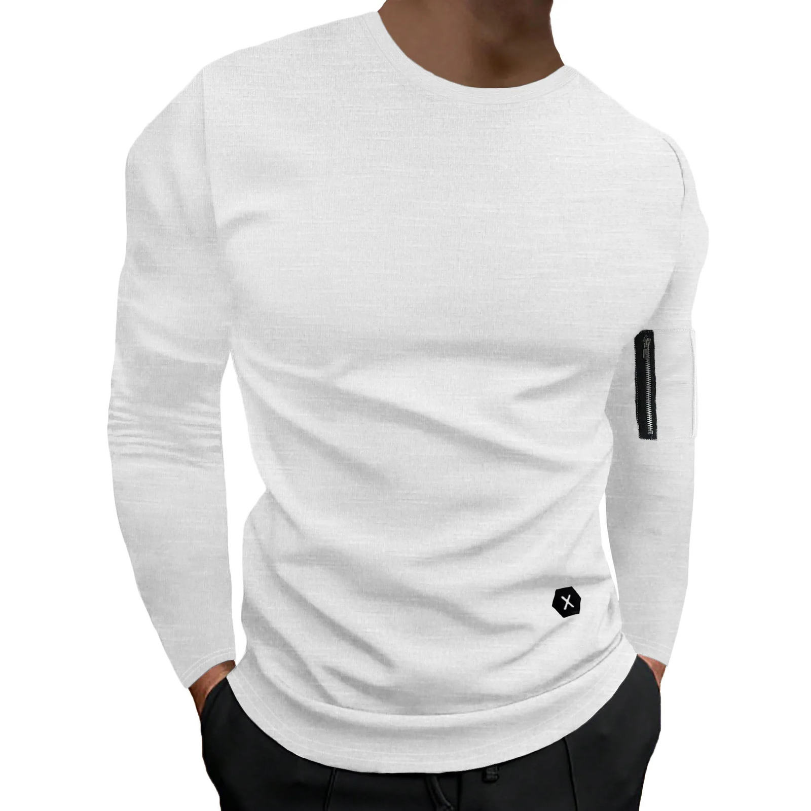 Slim Round Neck Long Sleeve T-Shirt Men with Arm Zipper Unique Casual Base Layer 250725