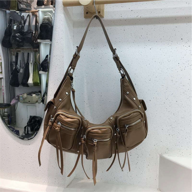 Designer bag This Season Fashion Y2K Hot Girl Motorcycle Style Multi-Pocket Commuter Versatile Single Shoulder Underarm Tote Bag