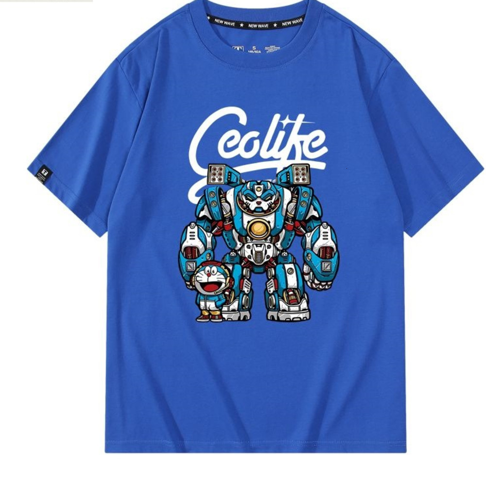 Doraemon Robot Cat Mobile Suit Gundam Collaboration Short Sleeve T-Shirt Pure Cotton Unisex Loose Fit Summer Couple Clothes 250726