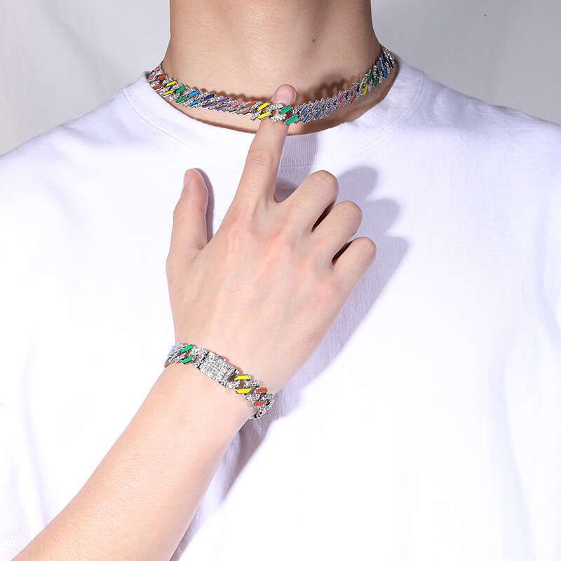 Fashion Trendy Brand Minimalist Hip-Hop Dia Full Oil Drop Cuban Chain Necklace Bracelet Accessories