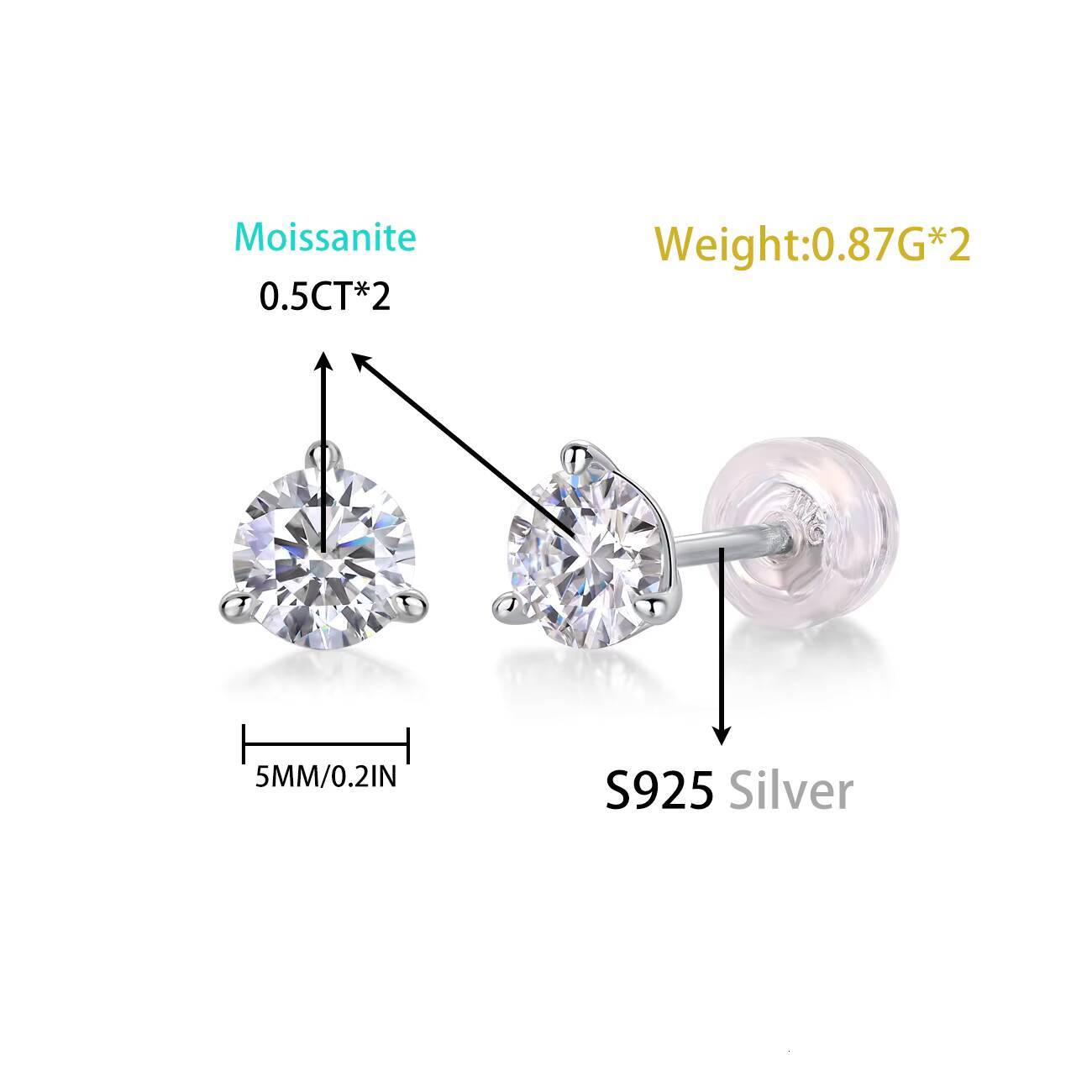 Wholesale Solid 925 Silver Moissanite Earrings 1ct 2ct 3ct GRA Certified VV1 D Color Earring Moissanite Jewelry Stud Earrings