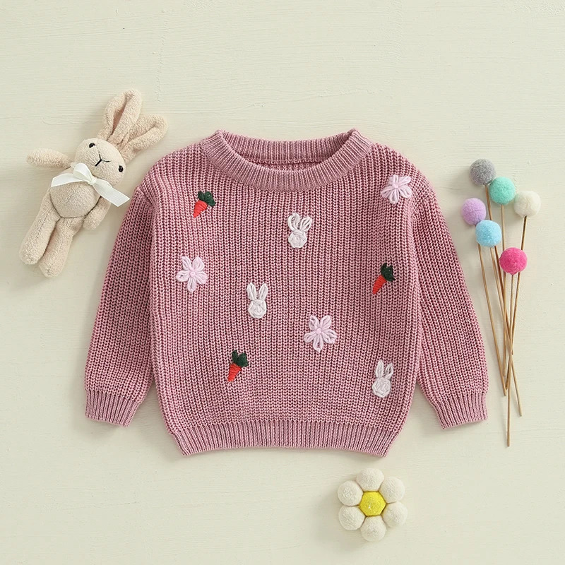 FOCUSNORM 0-4Y Little Kids Girls Knit Easter Sweater 2 Colors Long Sleeve O Neck Rabbit Carrot Embroidery Pullover Knitwear Tops 250725