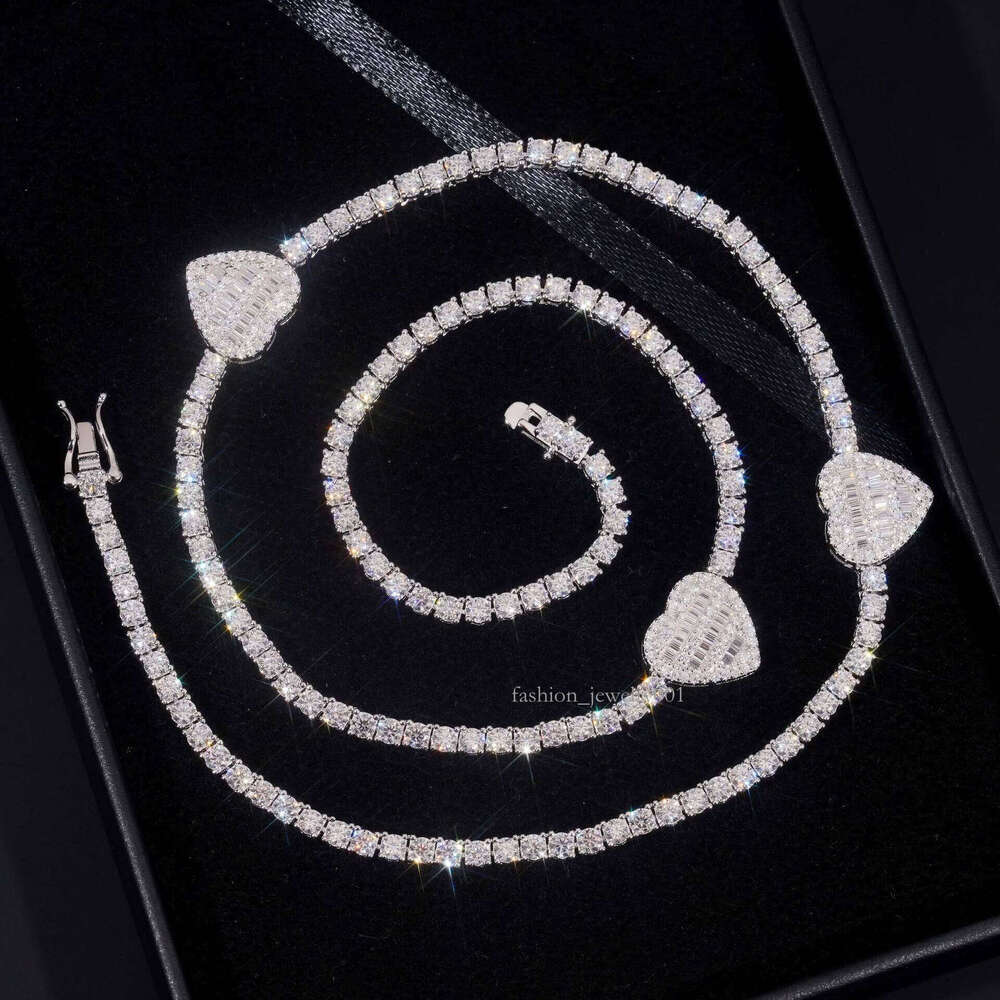 Dia hair new sier moissanite tennis chain main stone 3mm heart-shaped hip-hop necklace HipHop