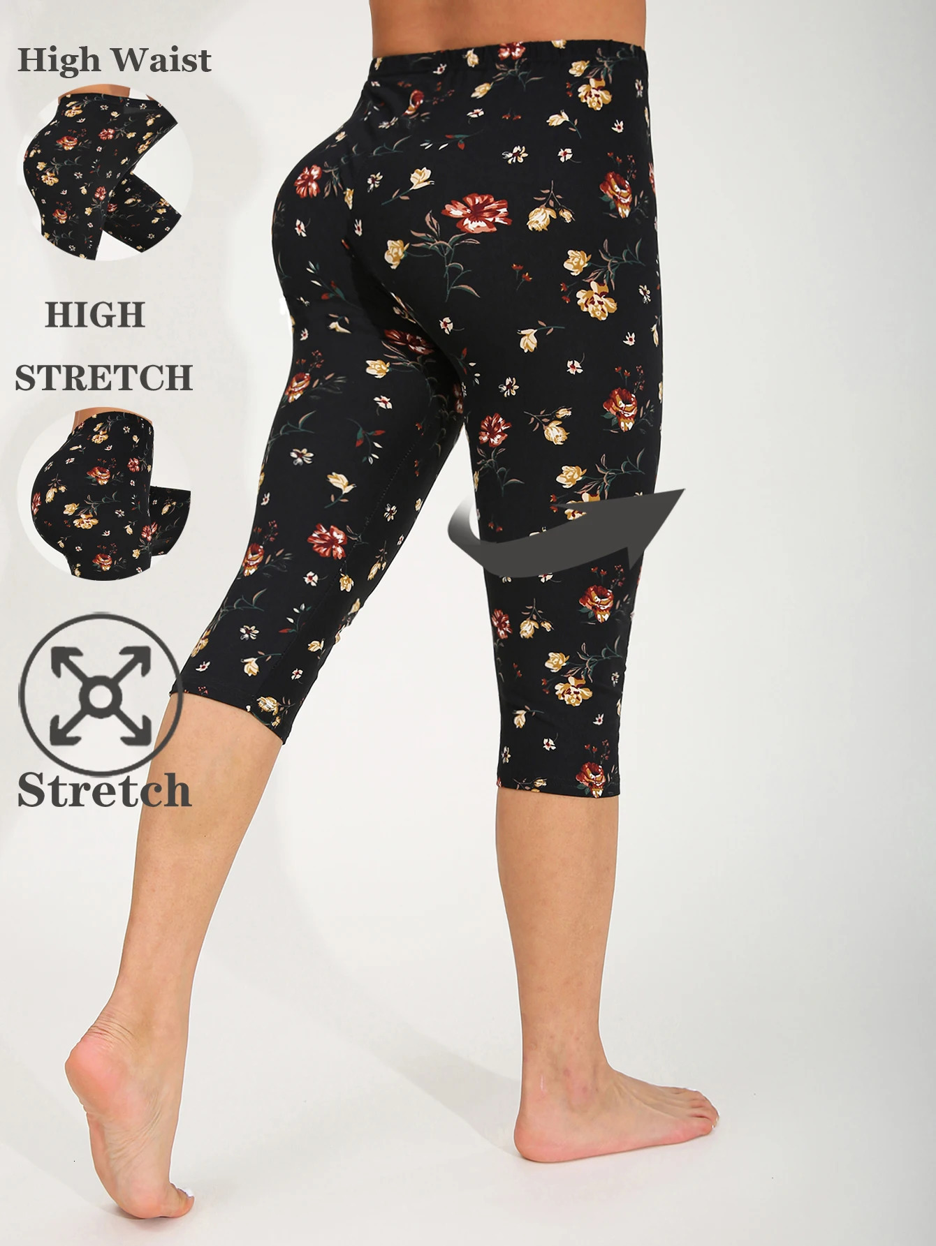 CUHAKCI Spring Summer Fashion Brushed Womens Legging Sexy Simple Yellow Flower Seven Part Pants Elastic Fitness Yoga 250725
