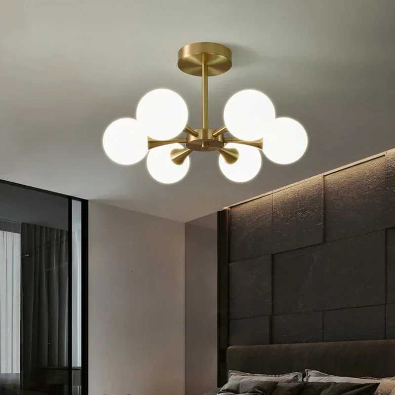 Minimalist Luxury Copper LED Ceiling Chandelier Nordic White Glass Ball Ceiling Lamps Living Dining Room Bedroom Light FixtureXJ250725