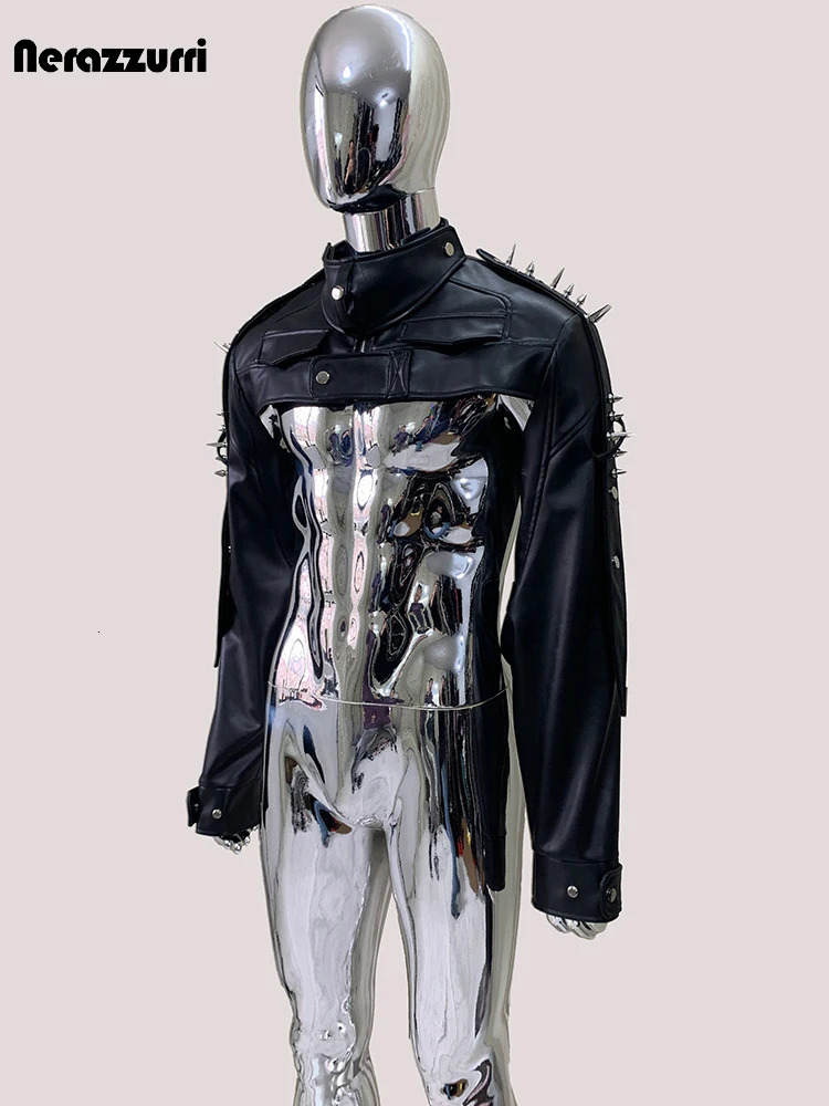 Mauroicardi Cool Black Cropped Pu Leather Jacket Men Rivet Shoulder Pads Zip Up Short Punk Style Clothes European Fashion 250725