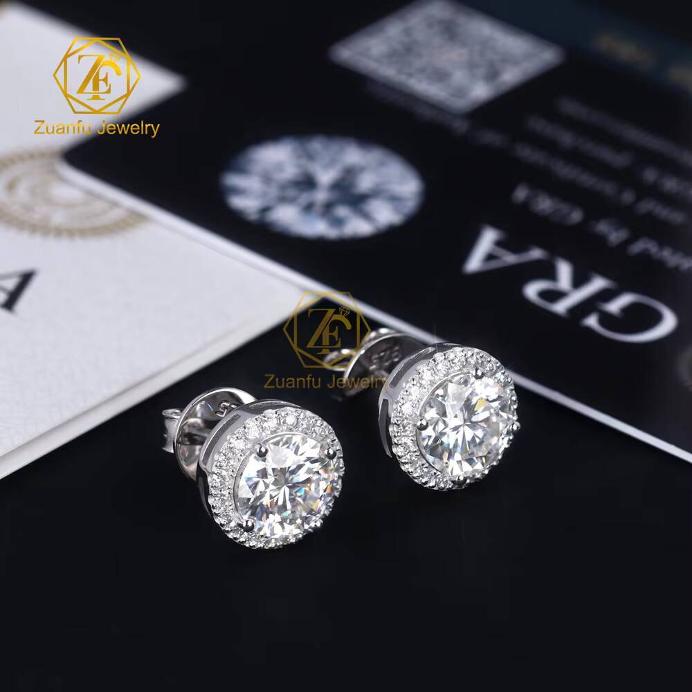 ZuanfoJewelry Eye Catching Round Shape Halo Earring D VVS 5/6.5/8MM Moissanite Earring Pass Diamond Tester 925Silver Gold Plated