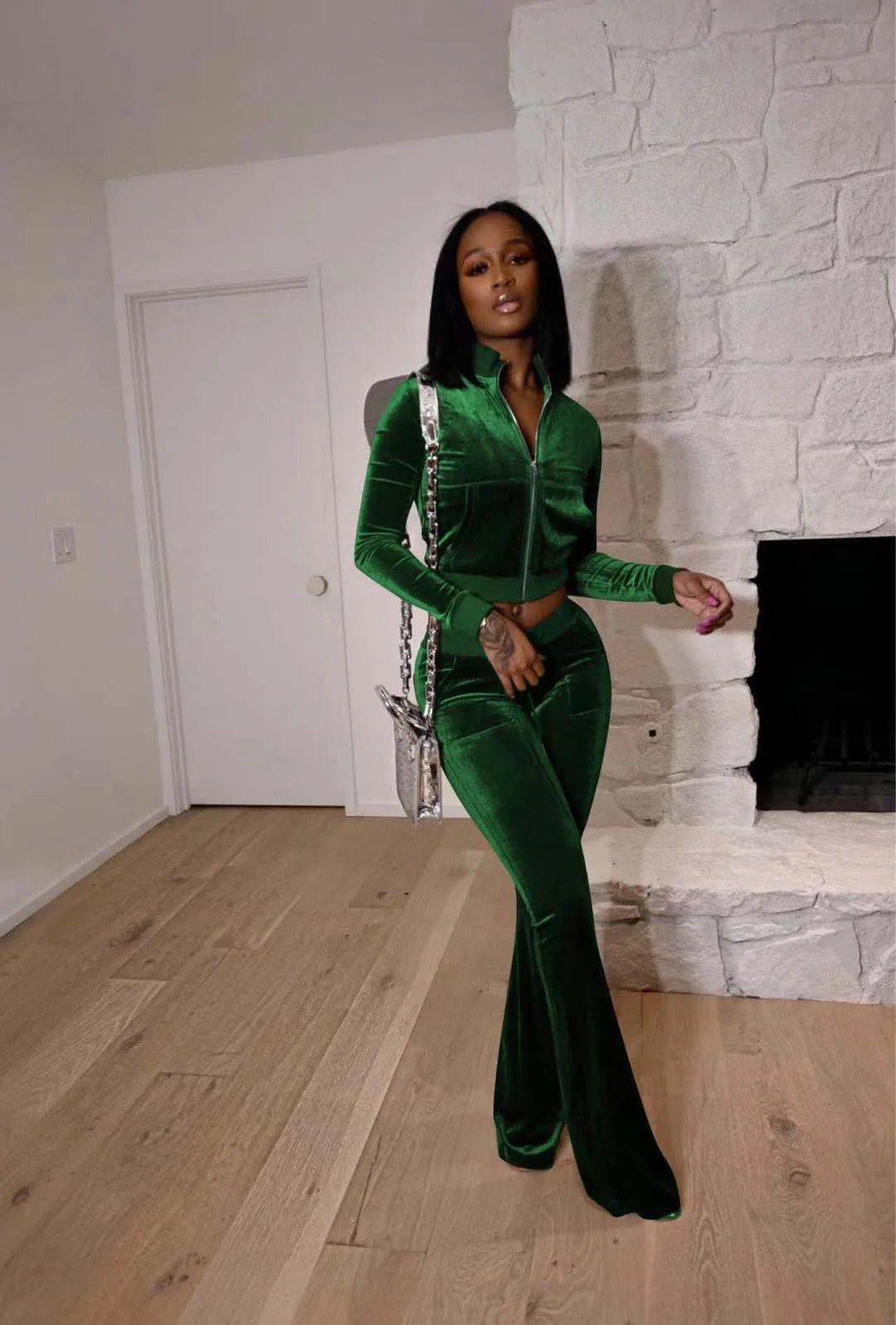 Fashion Solid Velour Two Piece Set Women Simple Casual Zipper Long Sleeve Turtleneck TopBandage Lace Slim Female Wide Leg Pants 250723