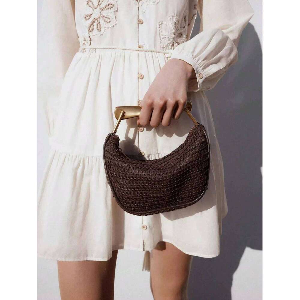 Fashion Metal Handle Women Handbag Designer Straw Half-moon Single Shoulder Casual Woven Summer Beach Chain Bag