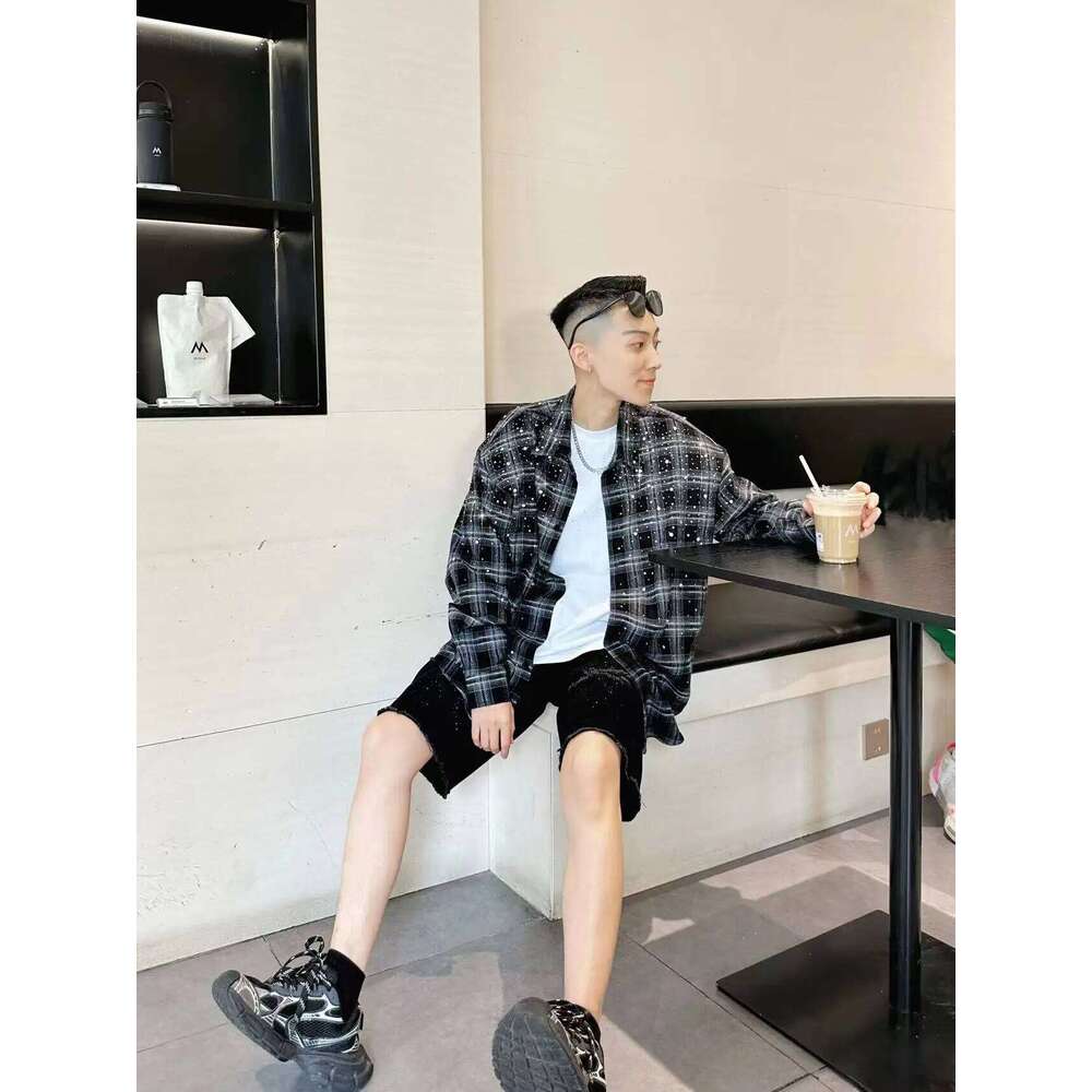 Male Original 2024 Autumn New Hot Beads Dia Plaid Men's Women's Long-Sleeve Trendy Light Shirts Jacket