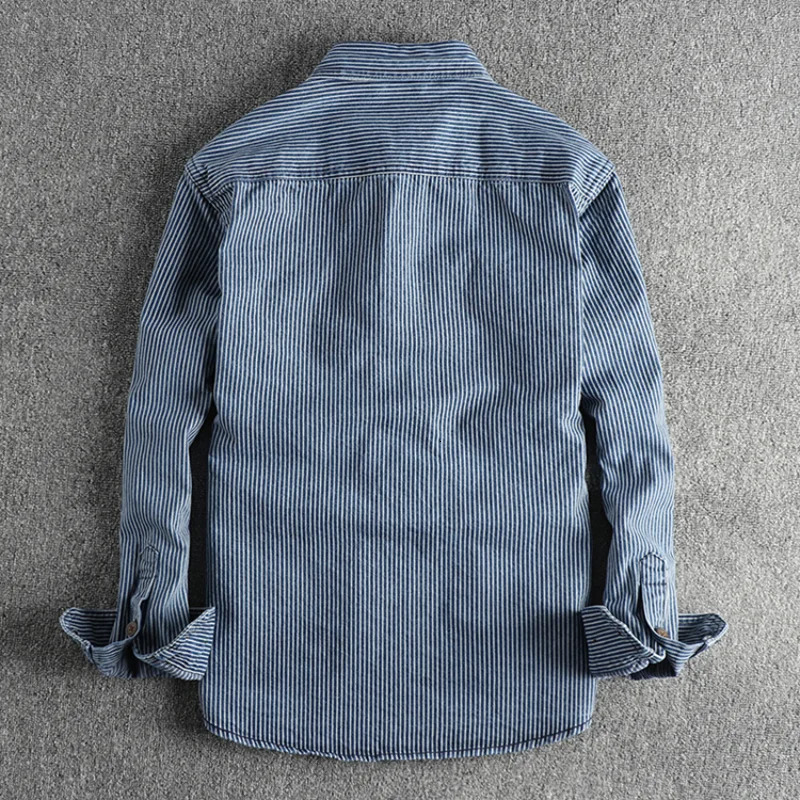 Yarndyed striped fabric washed to make old vintage cargo denim shirt for men European and American fashion casual coat 250725