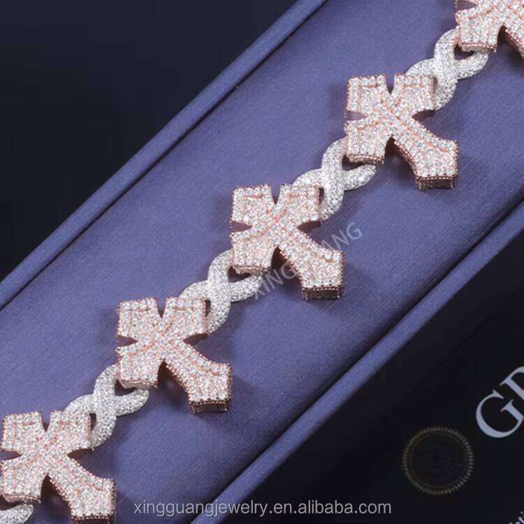 Wholesale Customization Dia Miami Cuban Hip Hop Fine Jewelry Bracelet VVS Moissanite S Sier Cross Chain Men