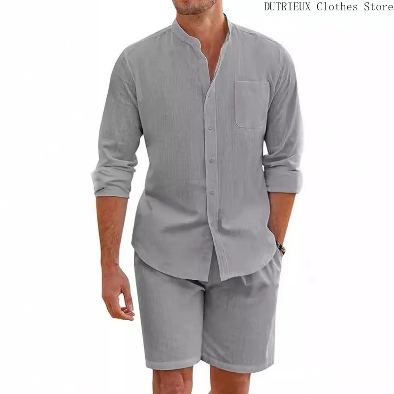 Summer Sales of Mens Cotton Linen Longsleeved Shirt Twopiece Set Soft and Comfortable Solid Color Shirt Shorts Mens Suit 250724