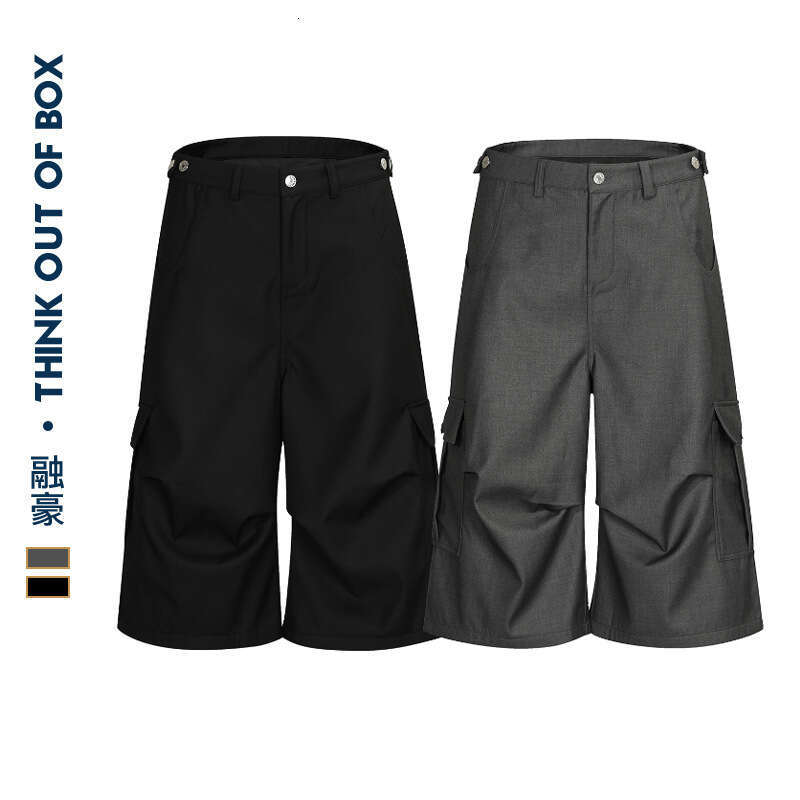 New Summer Trendy Brand Seven-Point Casual Trousers Pleated Design Silhouette Pocket Handsome Workwear Shorts B5