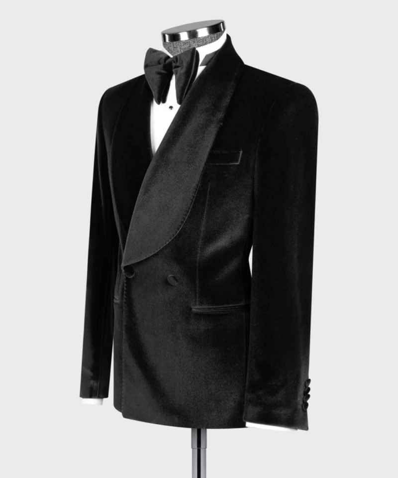 Handsome Jacquard 2 Pieces Men Suits Double Breasted Shawl Lapel Tuxedo Slim Wedding Groom Prom Plus Size Costume Homme Bridegroom Tailor Made Coat Pa