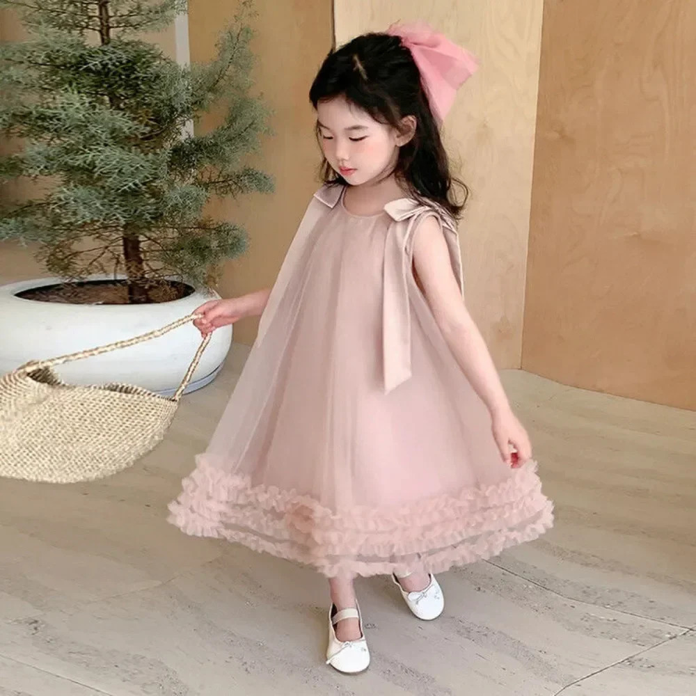 Pink Dreamy Sweet Girl Fairy Princess Dress Sleeveless with Bow Decoration Mesh Lace Childrens Casual Clothes Birthday Party Summer 250725