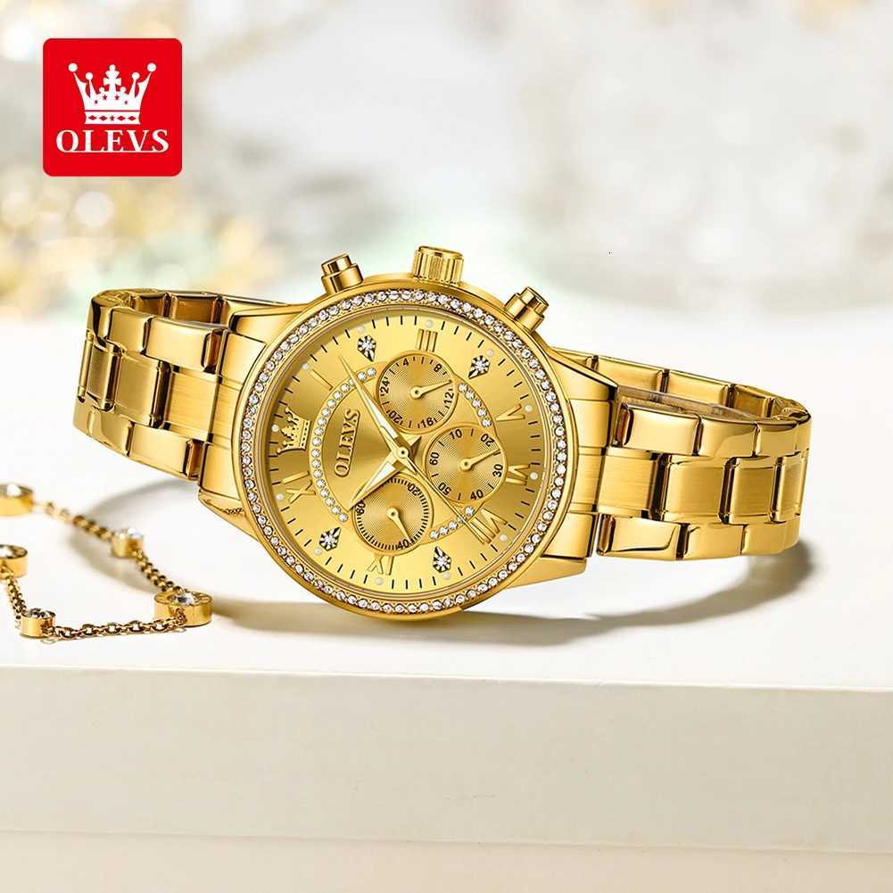 OLEVS Wens Quartz Watch Luxury Diamond Dial Gold Stainless Steel Waterproof Classic Three Small Dials Watch for Wen New In X250726