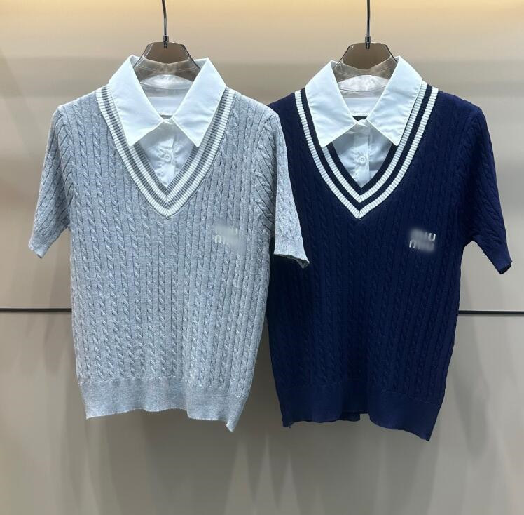 luxury sweaters womens Preppy style fake two pieces short sleeve designer sweater women knitted cardigan clothing MM back to school