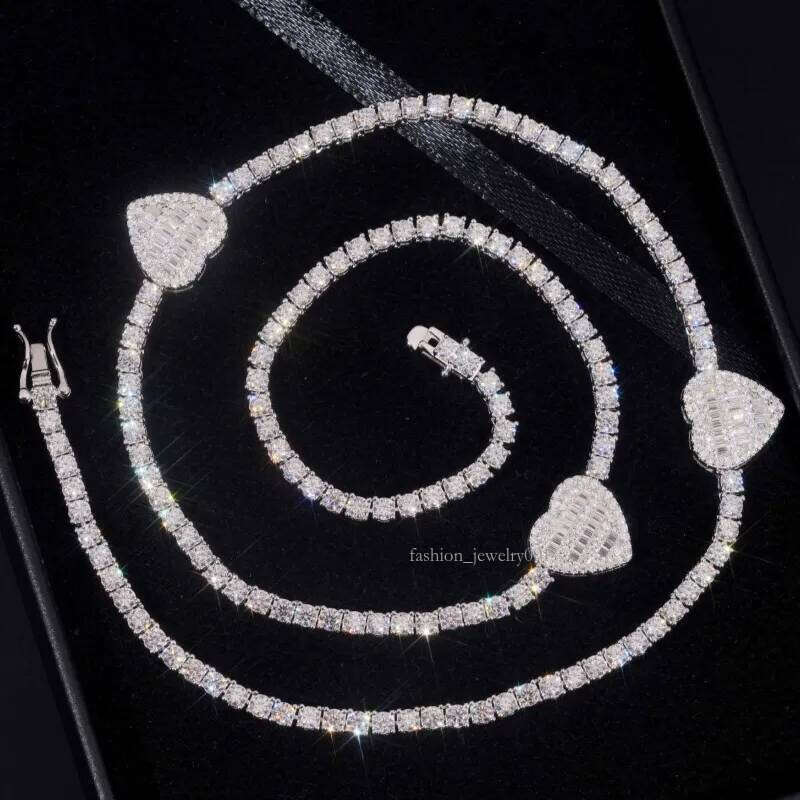 Dia Passed Tester VVS Moissaniten 3mm 16-24inch Sterling Sier Baguette Hearts Moissanite Tennis Chain Necklace For Men Women Nice Gift