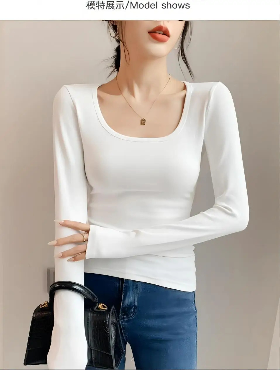 Bottom coat women wear Uneck long sleeve Tshirt slim knit white top 250725