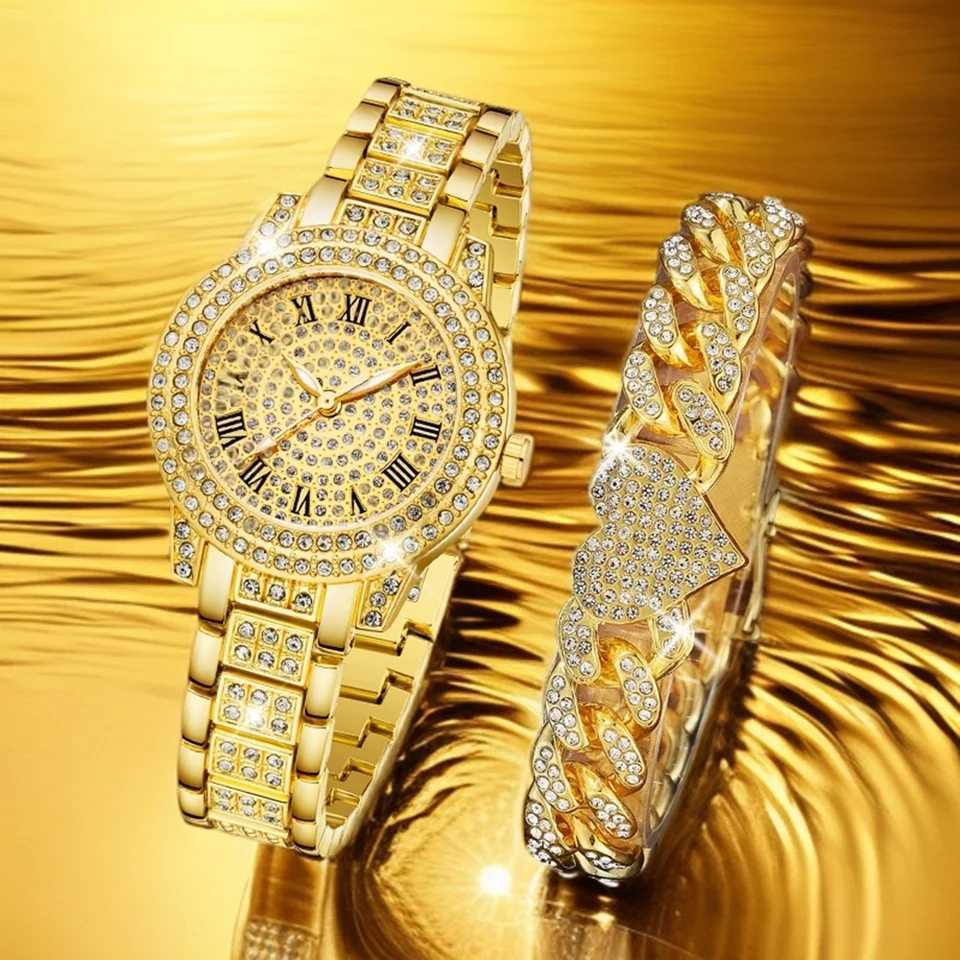 2PCS Golden Luxury Womens Watch Set Trendy Fashion Ran Digital Sc Dial Quartz Watch Bracelet Set Perfect Gift for Her X250726