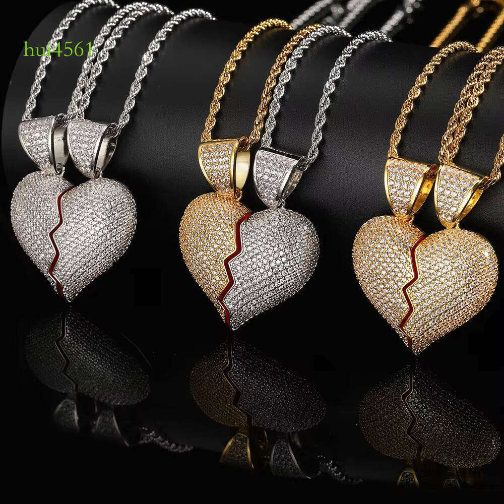 Hip Hop Iced Out Drop Moissanite Broken for Couples Half Heart Couple Necklace