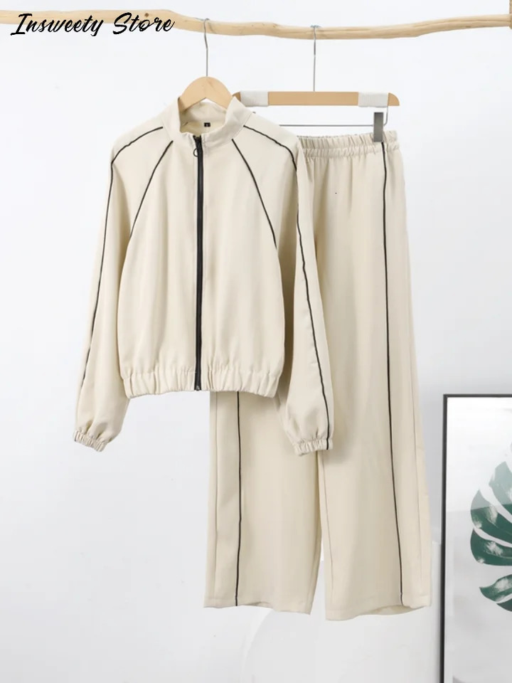 Striped Sports Coat Pants Set Women Loose Full Sleeve Stand Collar Top High Waist Wide-leg Pants Spring Lady Tracksuit 250723