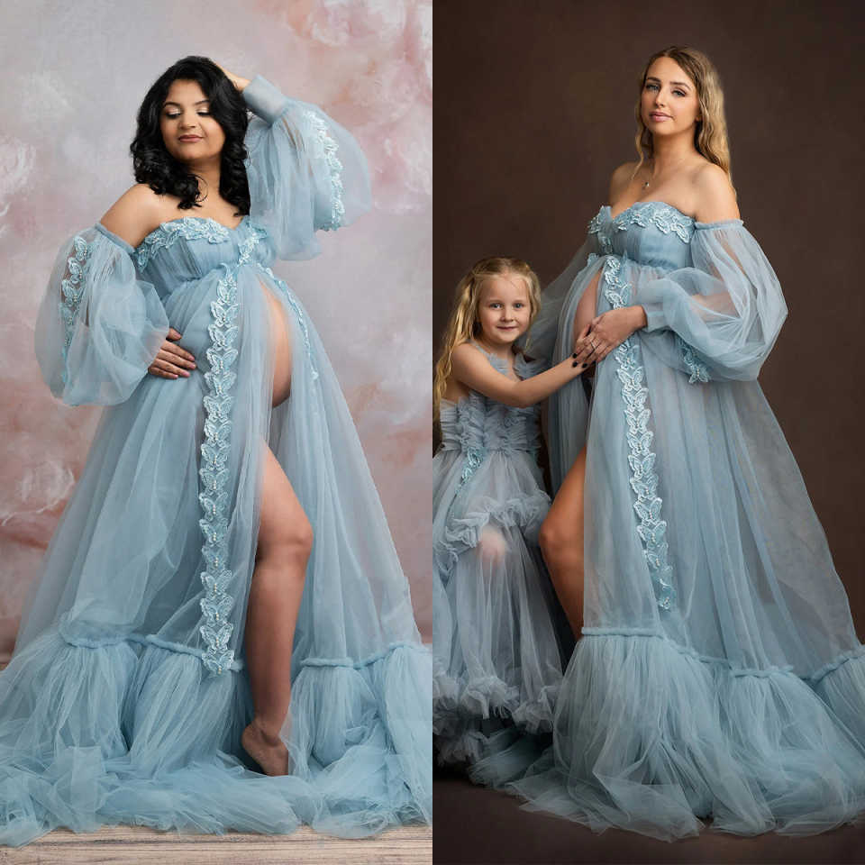 Blue Maternity Robes A Line Sweetheart Lace Appliques Fluffy Tiered for Photography Pregnancy Dresses Customized