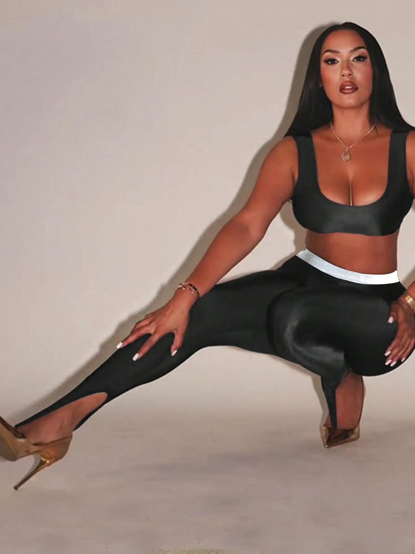 Spring And Summer Shiny Highwaisted Lustrous Leggings Sexy Elegant Highelasticity Silverthreaded Waist Skinny Pants 250725