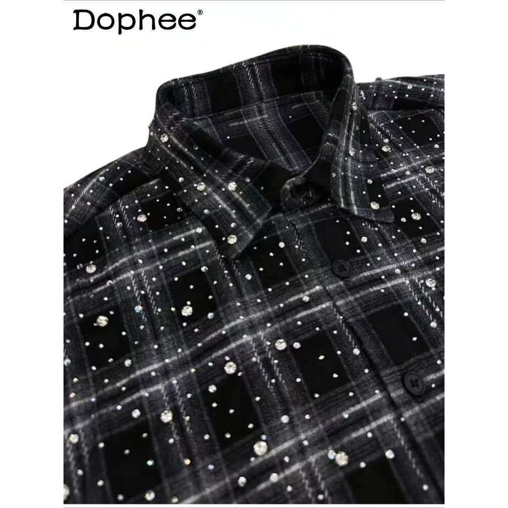 Male Original 2024 Autumn New Hot Beads Dia Plaid Men's Women's Long-Sleeve Trendy Light Shirts Jacket