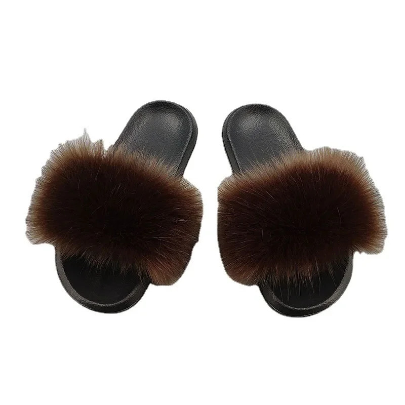 Women Summer Casual Fluffy Slippers With Fur Flat Non-Slip Real Fox Fur Furry Slides Large Size Shoes Fur Sandals 250724