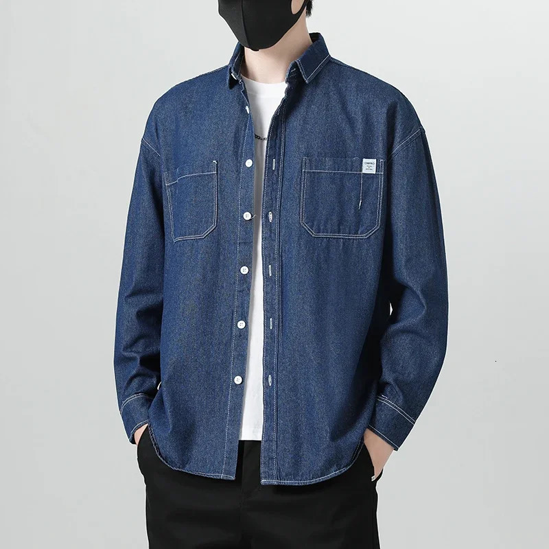 Mens Clothes Cotton Denim Shirts Long Sleeve Blue Black Pockets Button Drop Shoulder Casual Cowboy Coat Loose Work Male Shirt 250725