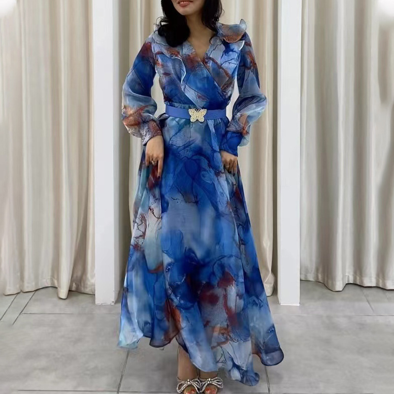 2025 Spring Summer New Printed Large Hem Mesh Dress Plus Size Womens Dress 250610