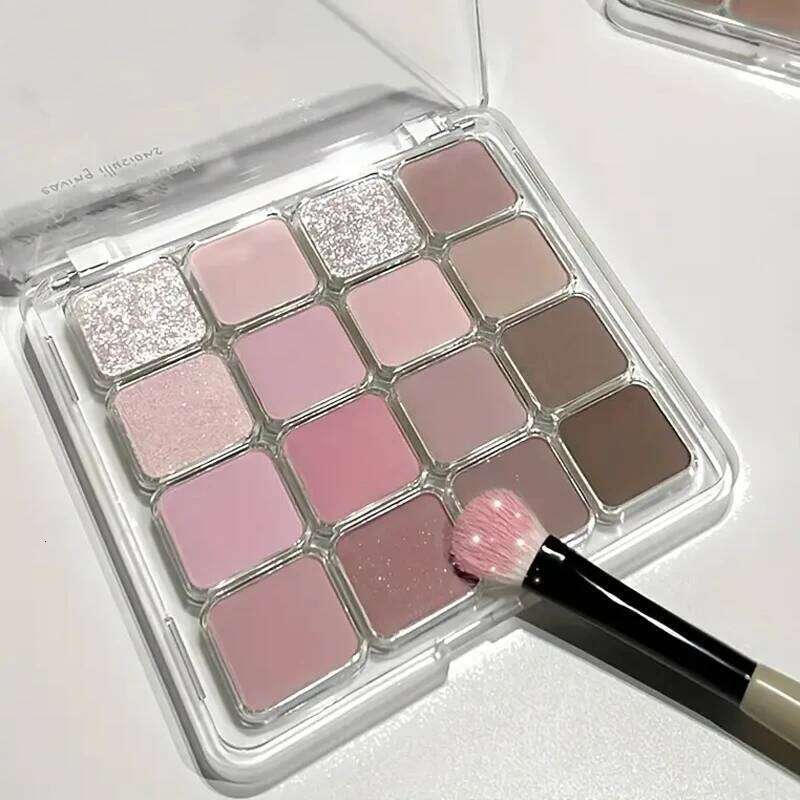 16-color Korean palette - matte, shiny and berry tones, nude pink brown, vibrant high-gloss eyeshadow with sequins