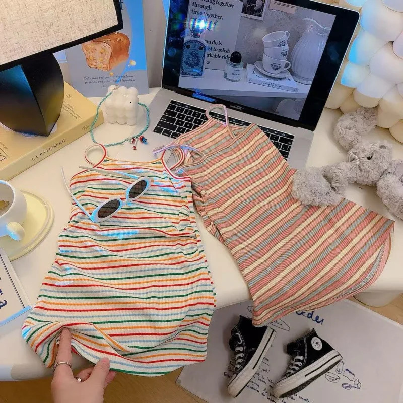 Children Suspender Striped Long Skirts Girls Baby Princess Summer Casual Vest Dresses Fashion Cute Student Kids Short Skirt 250725