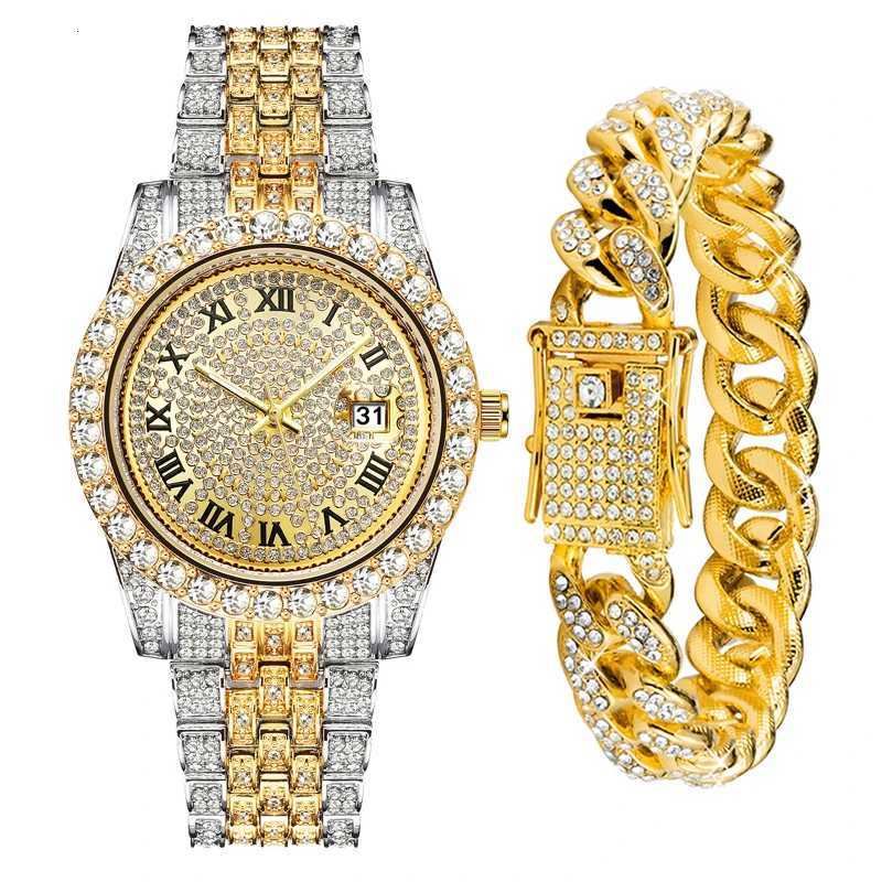 Fashion Luxury Brand Quartz Watches Men Hiphop Rhinestones Cuban Chain Bracelet Set Auto Smart Business Watches Gifts For Him X250726