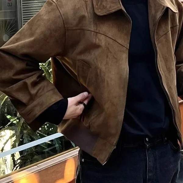 Retro Brown Suede Jacket Mens Spring Autumn Short Flight V-neck Casual Outerwear Vintage Style Male Fashion Coat 250725