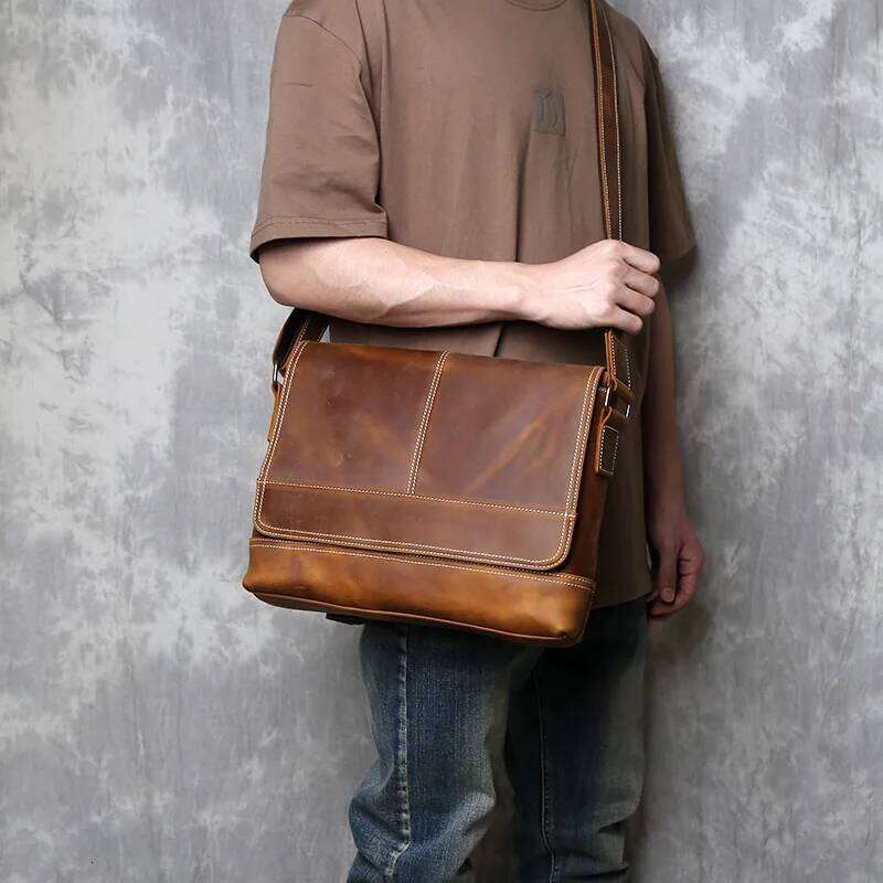 New Crazy Horse Men's Original Retro Luxury Bag Shoulder Horizontal A4 Postman Bag Handmade Leather Crossbody Bag. OLOEY