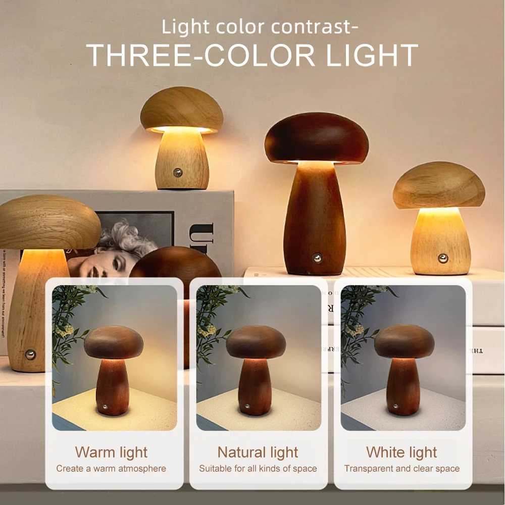 100% Wooden Creative Mushroom Night Light Stepless Dimming Bedside Table Lamp 3 Color Rechargeable Sleeping Nightlights For Room XJ250725