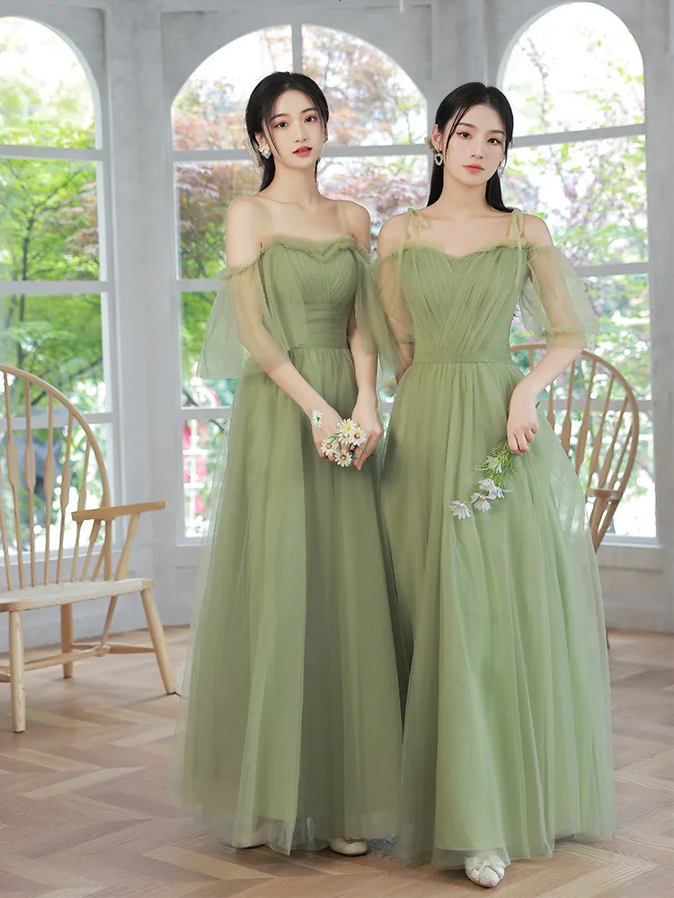 4 Styles Green Bridesmaid Dresses Simple Tulle Offshoulder Sisters Party Prom Gown Lace Up Wedding AnkleLength Vestidos 250725