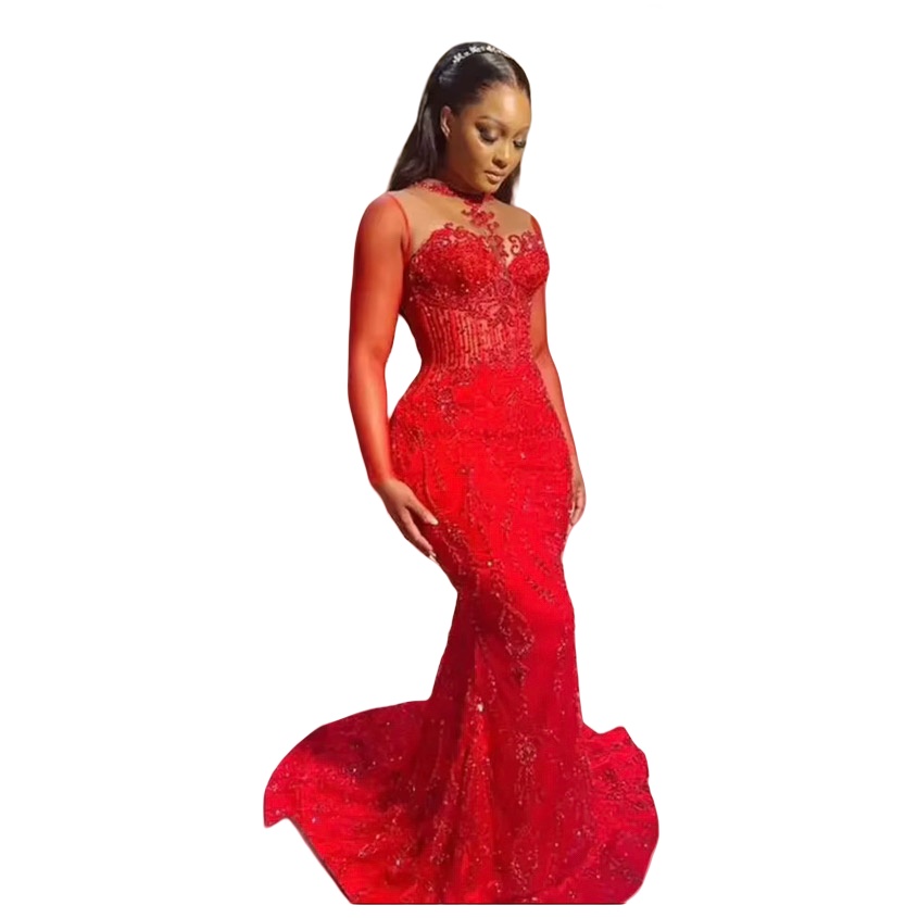 Mermaid Red Prom Dresses 2025 Lace Beaded Sequined Sheer Neck Evening Formal Party Second Birthday Engagement Gowns Plus Size Dress For Special Occasi