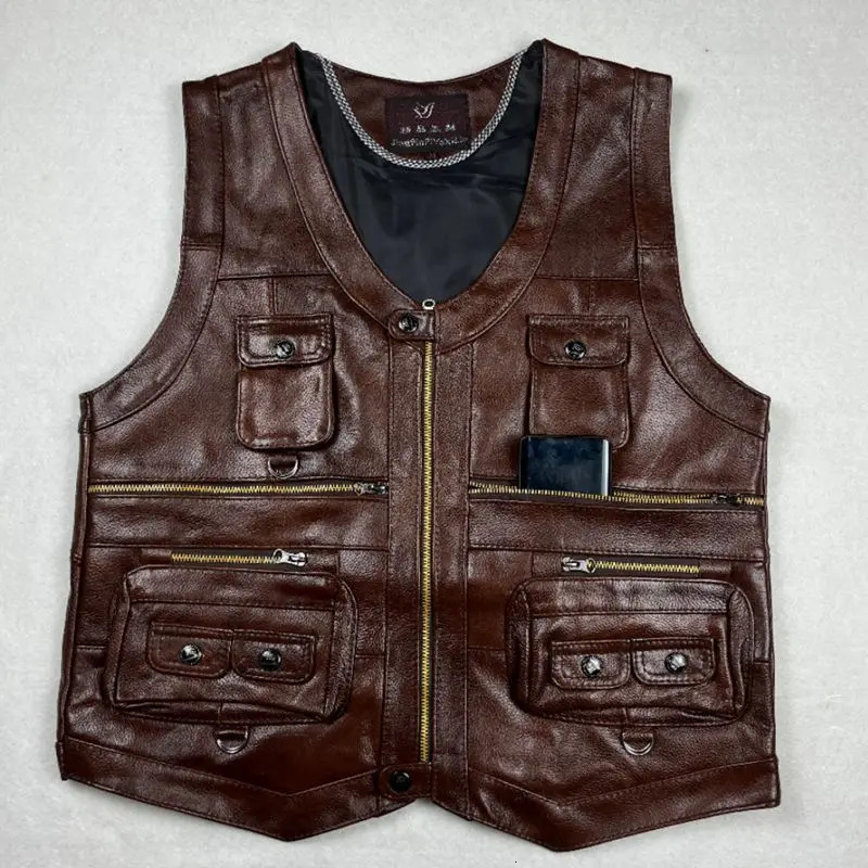 2025 Cowhide Genuine Leather Man Vest Waistcoat Male clothing Jacket Thick Motorcycle Multi Pocket leather biker Men safety vest y250725