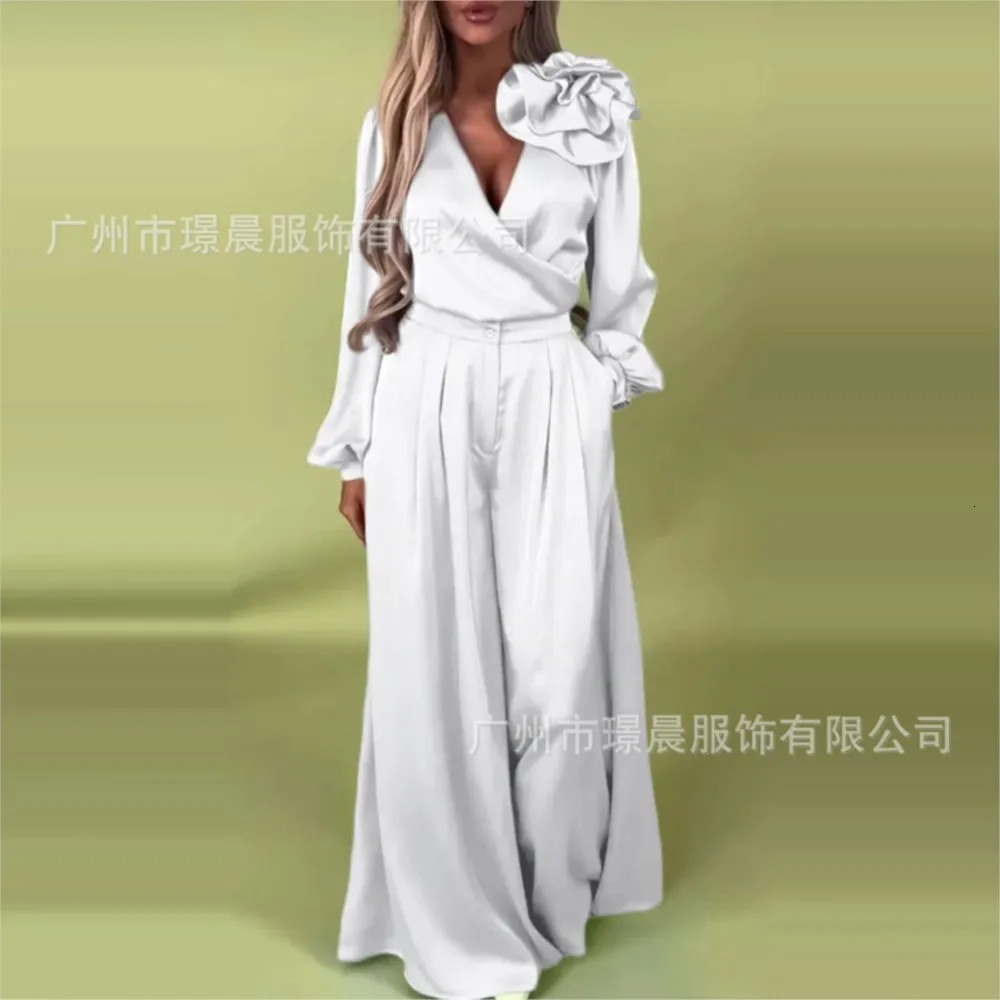 Fashion Solid Color Satin Long Sleeve Shirt Women 2 Piece Spring Autumn Casual Loose Wide Leg Pants Pocket Female Office Set 250723