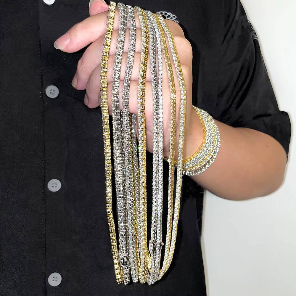 D Color VVS Diamond Moissanite Tennis Chain Necklace 2mm-5mm Fine Sterling Silver Jewelry Stylish Hip Hop Design