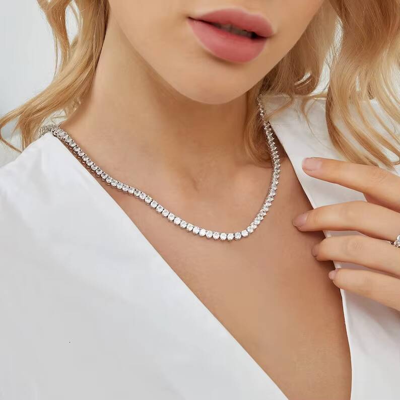Moissanite Tennis Chain Necklace 925/18k White Gold Certified 3mm 4mm 5mm Moissanite Tennis Necklace Fine Jewelry Gifts for Her