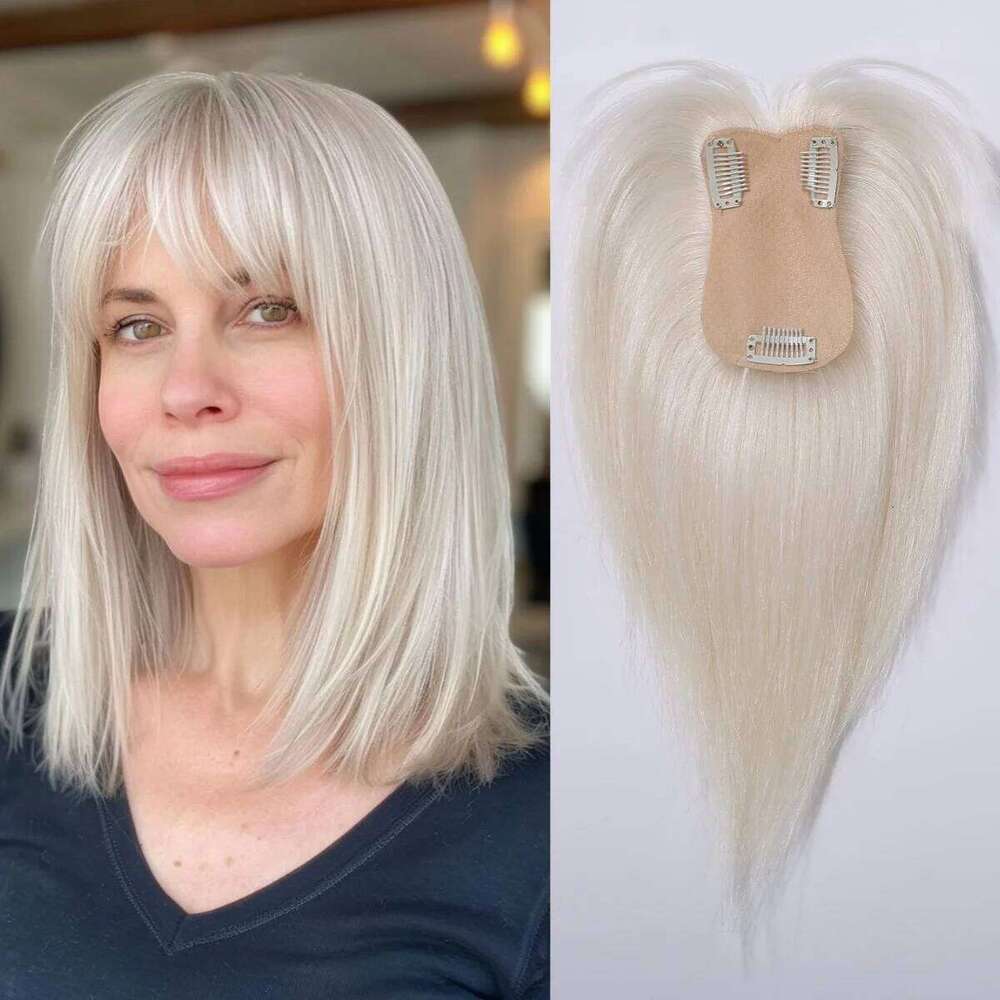10 inch Blonde Topper with Air Bangs Silk Straight Pieces Platinum Natural 100% Remy Human Hair for Women Use