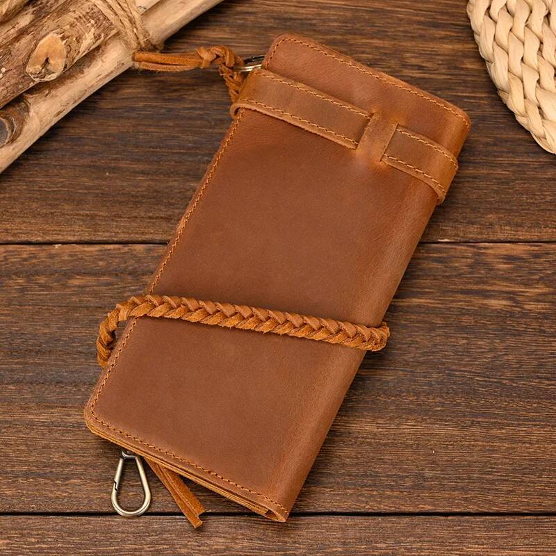 Fashionable Long Wallet With Braided Strap Genuine Leather 2 Folds Cell Purse Coin Inner Zip Clutch Phone Pouch